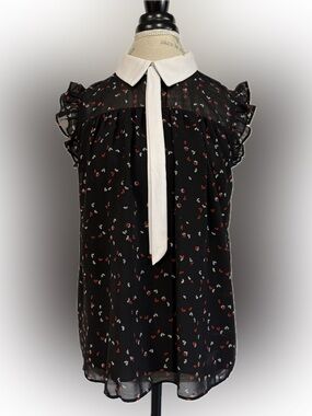 Floral Black Blouse with White Collar and Tie